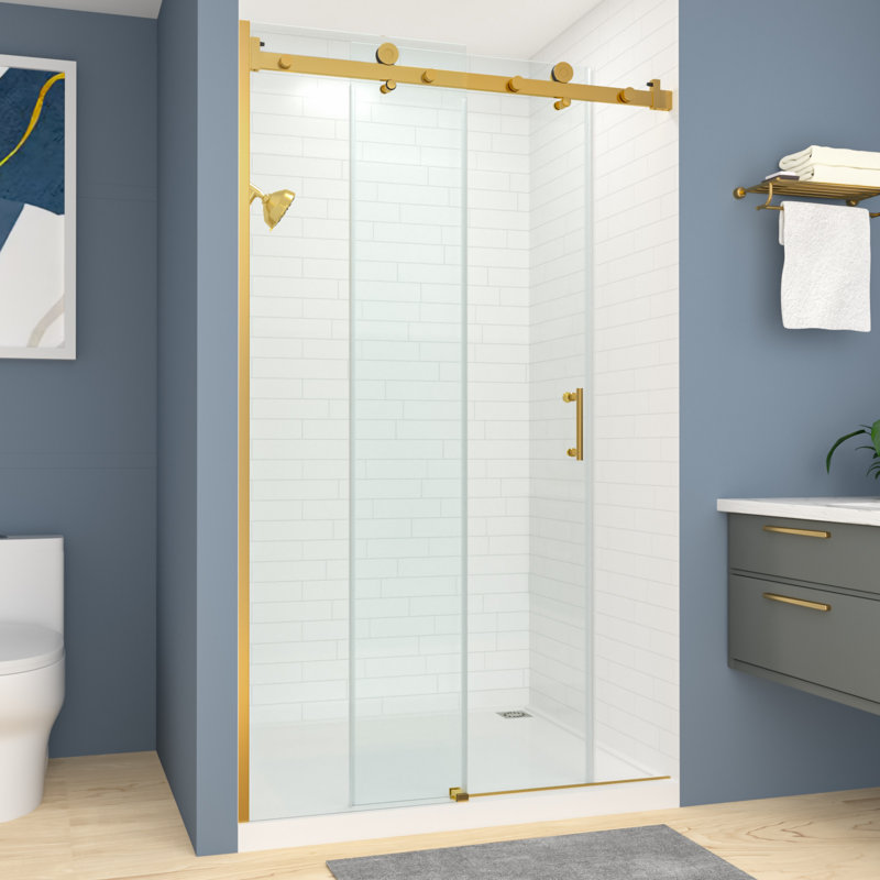 Porte de douche coulissante simple 48 po x 76 po avec verre trempé transparent, Or