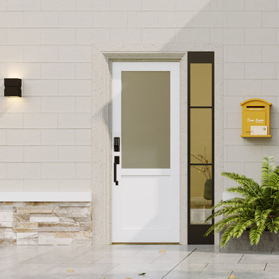 Entry Door Slab With Keypad Lock & Backup Key – Frosted Glass Top Panel, White Primed Solid Wood