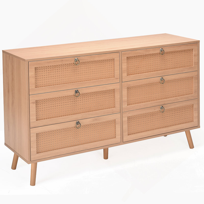 Commode 6 tiroirs en rotin pour chambre à coucher, commode moderne avec tiroir, Naturel