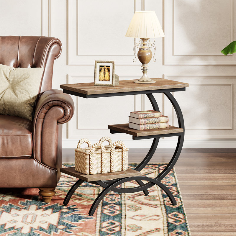 3-Tier C-Shaped End Table Set, 2PCS, Light Brown/Black