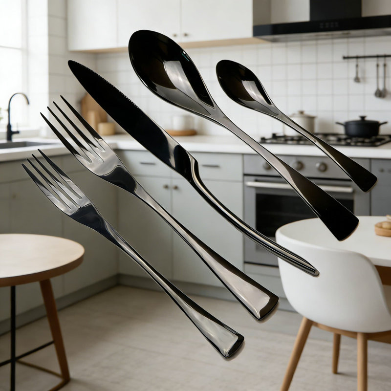 Ensemble de couverts 20 pièces en acier inoxydable, service pour 4, finition noire polie miroir, comprend couteau, cuillère, fourchette, fourchette à dessert et cuillère à café