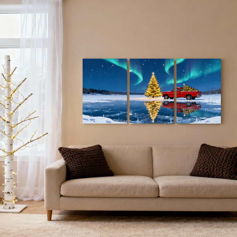 «Northern Lights» arbre de Noël et camion rouge sur toile tendue, ensemble de 3 reproductions d'art, H 36 po x l 72 po