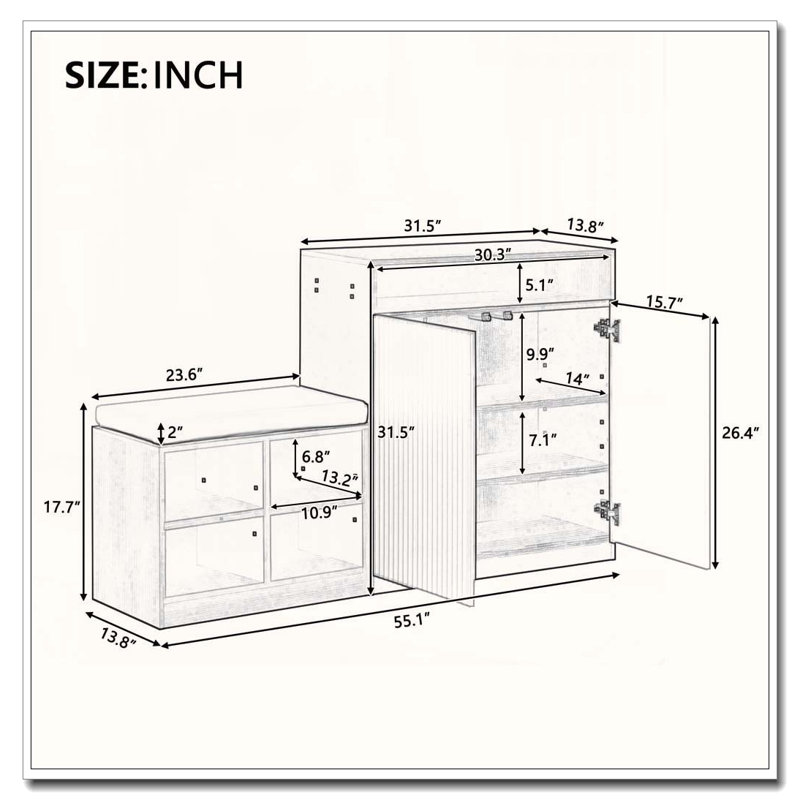 31.5" Shoe Organizer Cabinet with Bench, Wavy Doors & Hooks, Black