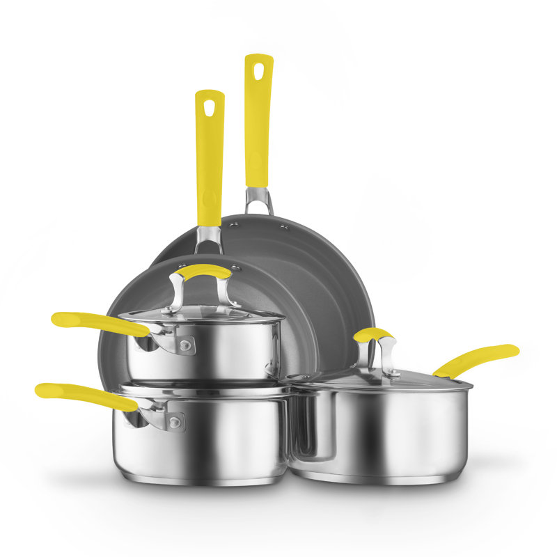 5 Piece Cookware Set, 16/18/20cm Saucepans, 24/28cm Frying Pans Stainless Steel, Induction Compatible, Yellow