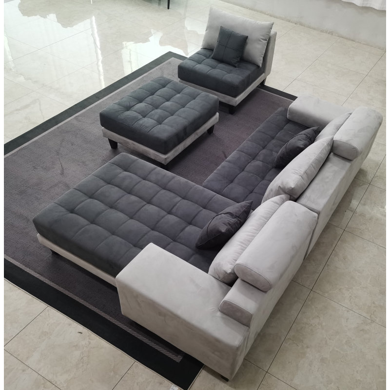 Upholstered L-Shaped Sectional, Right Hand Facing, White/Gray Microfiber/Microsuede
