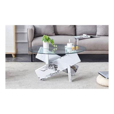 Table basse ronde en verre, table basse unique au design moderne 33,4 po. Comptoir en verre trempé avec pieds en panneau de fibres à densité moyenne à motif blanc. Convient pour les salons et les salles à manger