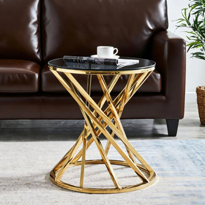 Round Side Table with Tempered Glass-Top and Twisted Geometric Metal Base 