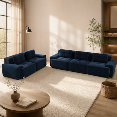 Ensemble de canapé modulaire à assise profonde avec une combinaison deux places + trois places, fabriqué en tissu de velours côtelé, passepoil perlé, conception touffetée, sans assemblage, conception antidérapante, bleu