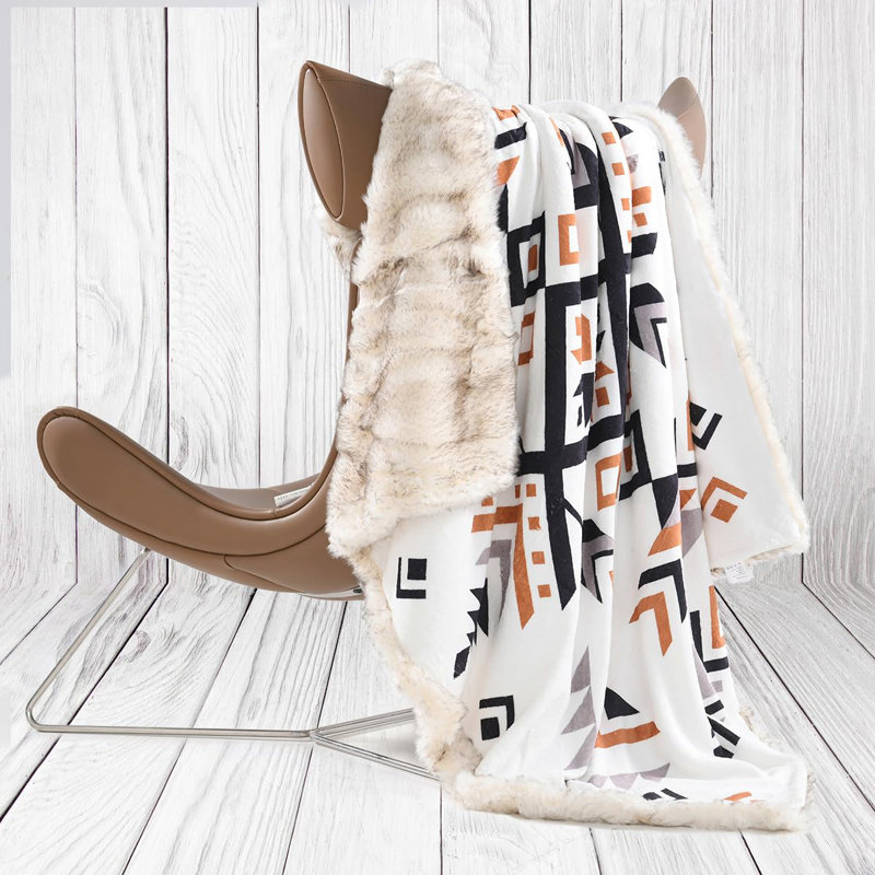 Queen Size Cream Aztec Pattern Faux Fur Throw Blanket