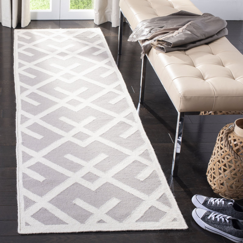 Rodgers Hand Woven Flat Weave Wool/Cotton Geometric Rug in Ivory/Gray, Runner 2'6" x 10'