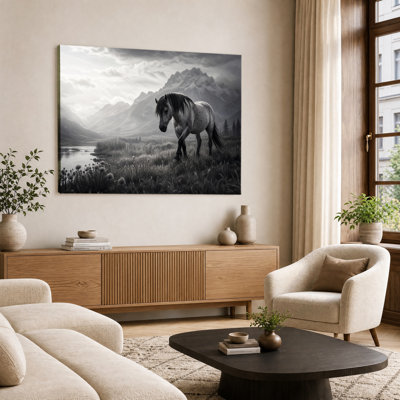 Black White Wild Horse Mountain Valley River Wildflower Moody Cloud Print Canvas Wall Art Flat Western Wildlife Decor Painting