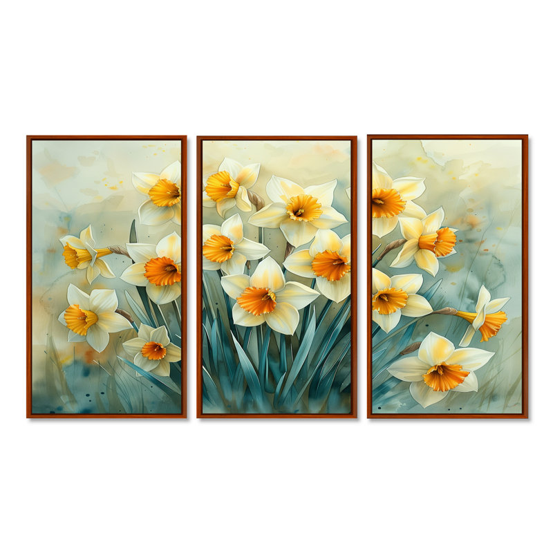 Jardin de rêves jonquilles Tiago - Ensemble de décorations murales jonquilles, Toile avec cadre flottant brun