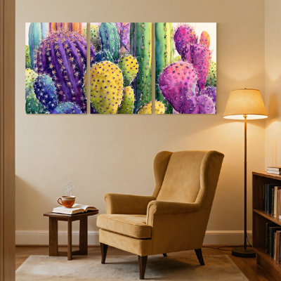 Plants & Flowers Colourful Cactus Garden Art Print Set Set of 3 Canvas Wall Art Prints