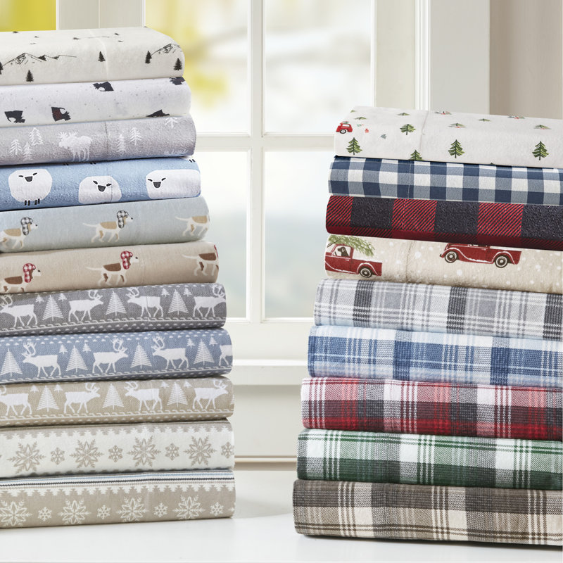 Queen Gray Plaid Cotton Flannel Sheet Set