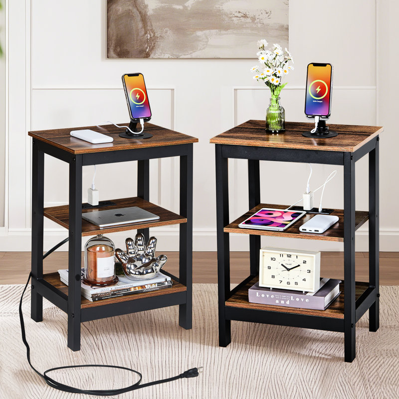 Ensemble de 2 tables de bout avec station de charge, Brun / Noir