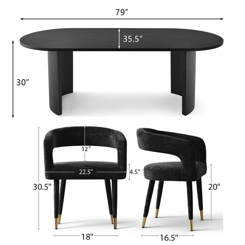 7-Piece Modern Dining Set with 79" Oval Table and Upholstered Chairs, Black