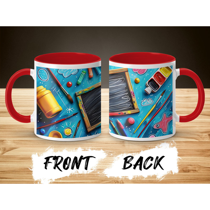 Kids Drawing Style 11oz Accent Mugs – Ceramic Coffee Cup with a Red Handle and Interior