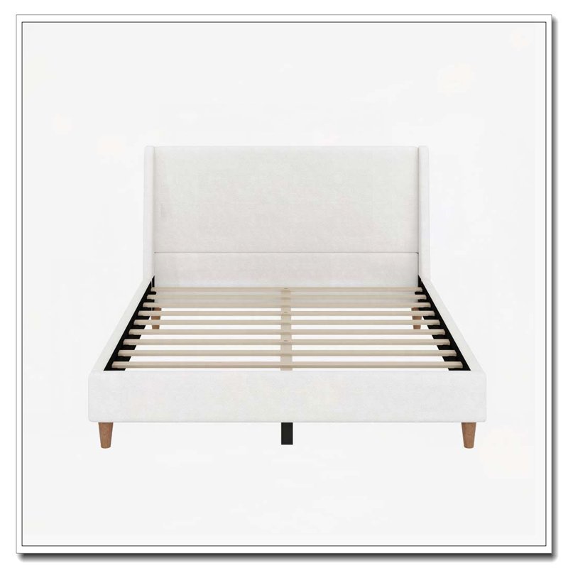 Lit plateforme tapissier avec tête de lit à oreilles, pieds en bois, aucun sommier requis, Ivoire ivoire, Grand lit