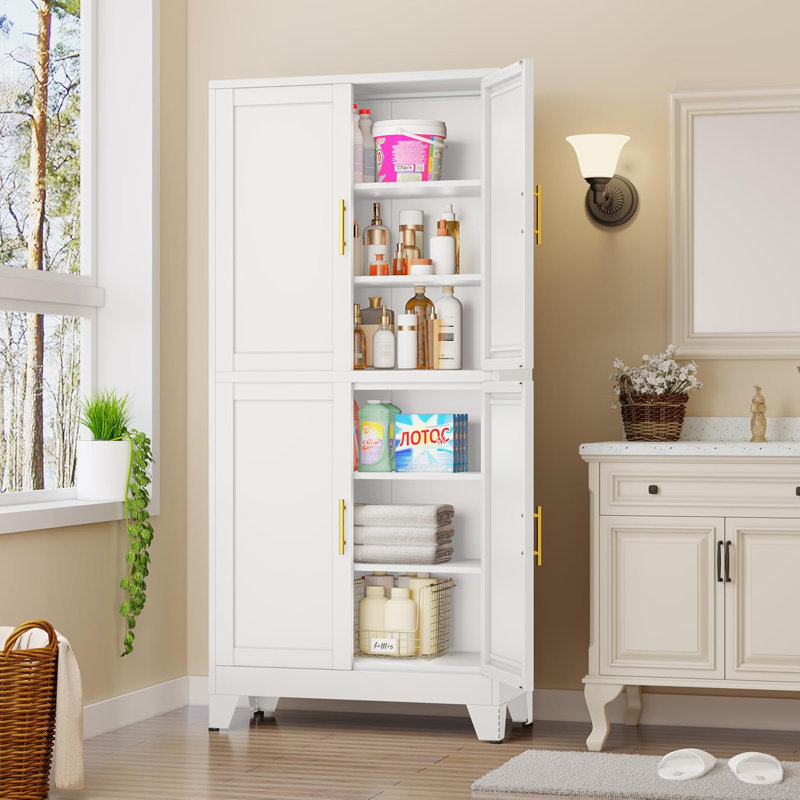 75.2" Tall Metal Pantry Cabinet, Kitchen Pantry Storage Cabinets with 4 Door and 4 Adjustable Shelves, White Storage Cabinet, Freestanding Cupboard for Kitchen Dining Room Living