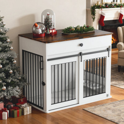 39"L Wooden Large Dog Crate Furniture With Sliding Door, Side Door & Rotating Bowls, Drawer Storage