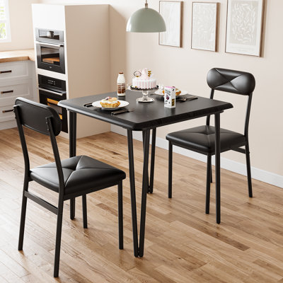 Ensemble de table de salle à manger 3 pièces pour 2 personnes - table de cuisine carrée moderne et 2 chaises rembourrées, design compact pour petit appartement, studio ou salle à manger - noir