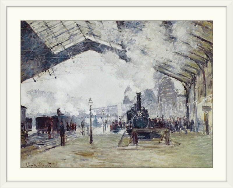 La gare de Saint-Lazare: Le train de Normandie par Claude Monet - reproduction, Cadre blanc, H 20 po x l 24 po x P 1 po