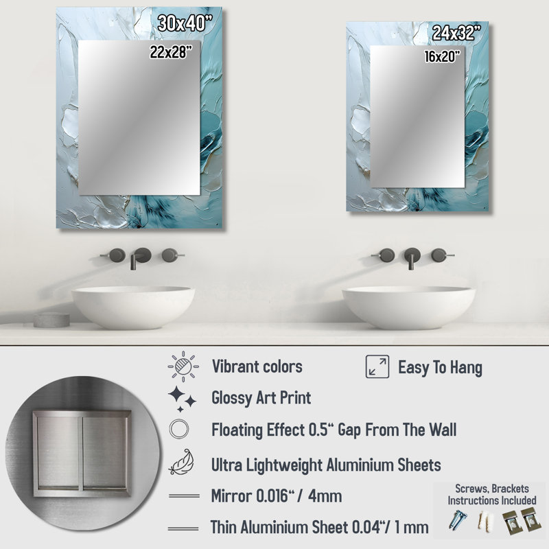 Silver Shimmer - Miroir mural décoratif, art moderne imprimé en métal, 40 po x 30 po