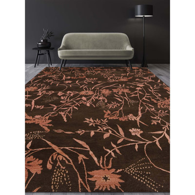 Tapis floral rose / brun en soie noué à la main Floral