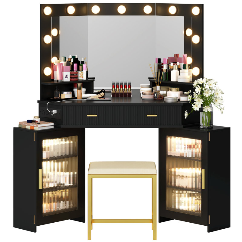 Ensemble de coiffeuse de maquillage moderne avec miroir et armoires Modern Corner, Noir, noir, noir, noir