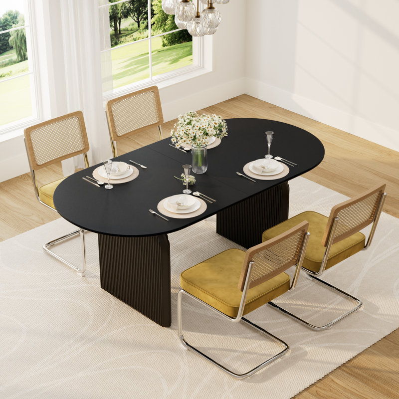 Ensemble de salle à manger élégant à double piédestal avec chaises en velours, Noir / Jaune, 5 pièces: table, 4 chaises