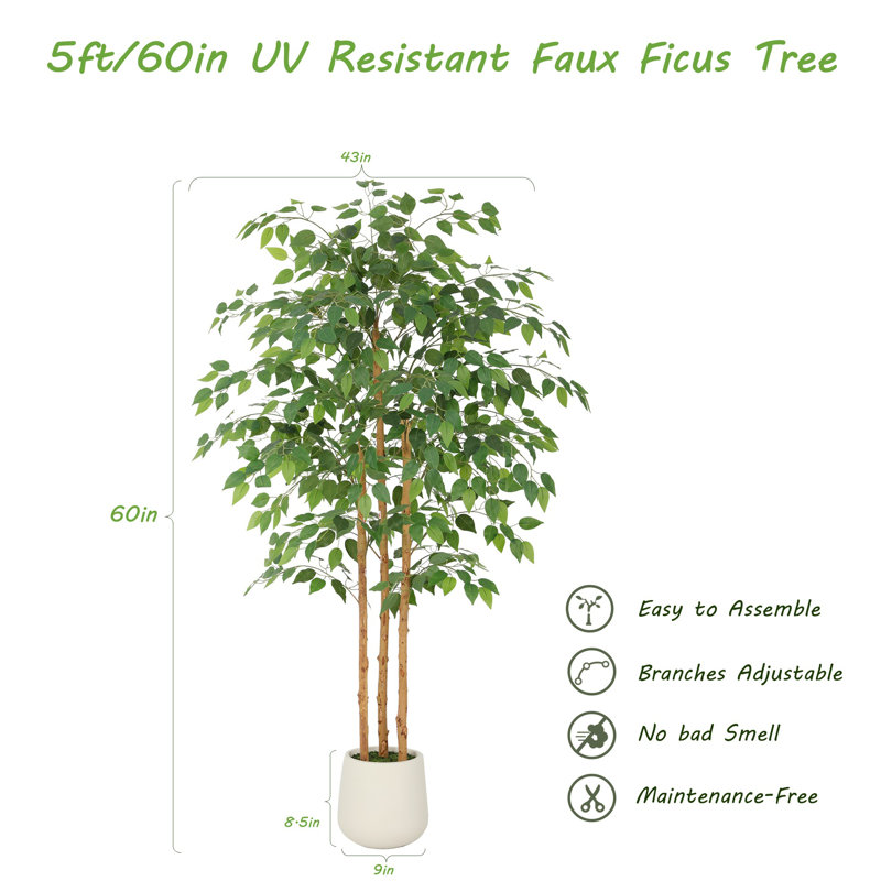 Ficus artificiel en figuier blanc en pot décoratif, plante artificielle réaliste avec bois naturel multi-troncs pour la décoration de bureau personnel