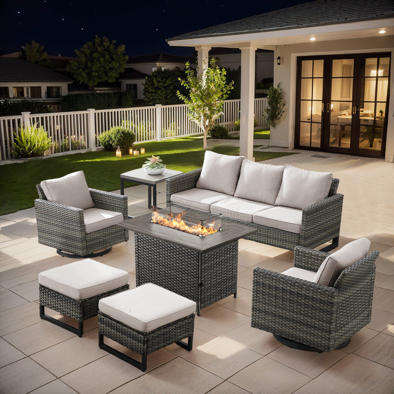 Naresa 7-Piece Outdoor Sofa Set, Wicker Patio Furniture Set With Fire Pit Table, All-Weather PE Wicker