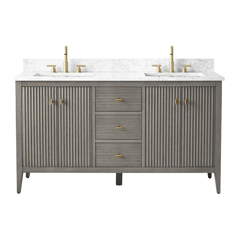 Ensemble de meuble-lavabo double 60 po, Doré brossé, Gris flottant linéaire