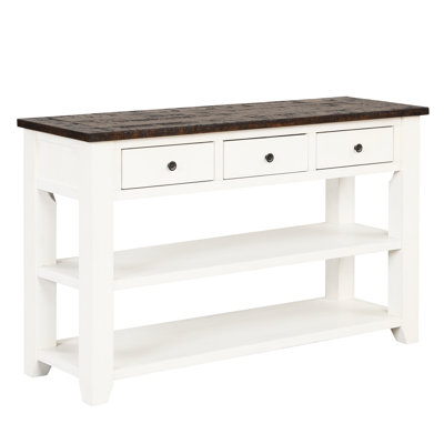 Table console de style vintage américain avec plateau en pin massif de 122 cm (48 po), 3 tiroirs de rangement latéraux, 2 étagères et agencement multifonctionnel. Montage facile. Parfait pour une chambre, un salon ou un couloir.