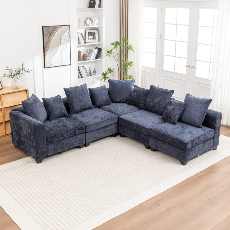 Canapé modulaire en coin 5 pièces Bennett, Chenille bleu