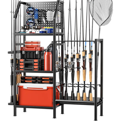 Fishing Rod Rack Storage Up To 18 Rods,3 Tier Adjust Heavy Duty Metal Fish Pole Stand Organizer With Pegboard