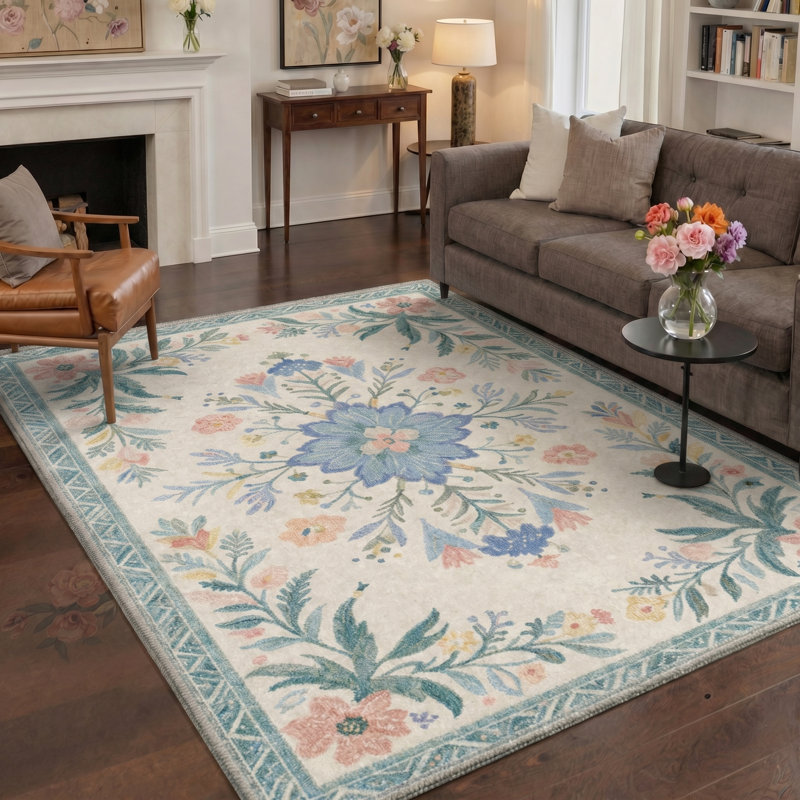 Abadou Vintage Floral Machine Washable Dusty Blue / Beige Indoor Area Rug With Non-Slip Backing, Rectangle 8' x 10'