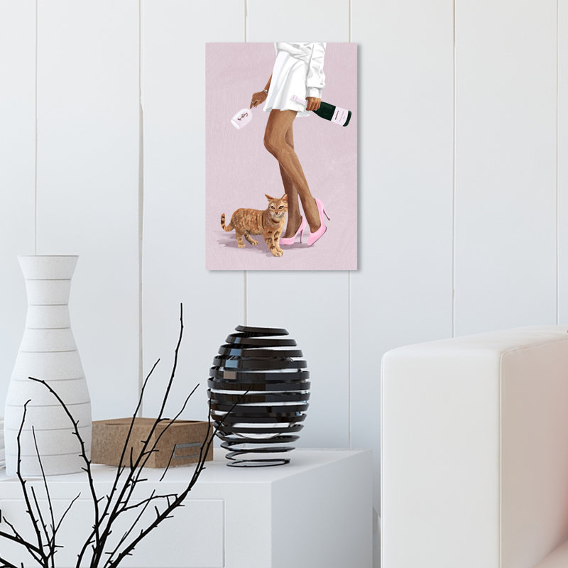 «Champagne and Pet», femme champagne et chat Glam, impression sur toile murale blanche pour salle à manger