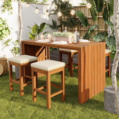 5 Piece Outdoor Bar Set, Patio Wood Dining Table And Four Stools With Cushions For Backyard, Poolside, Balcony