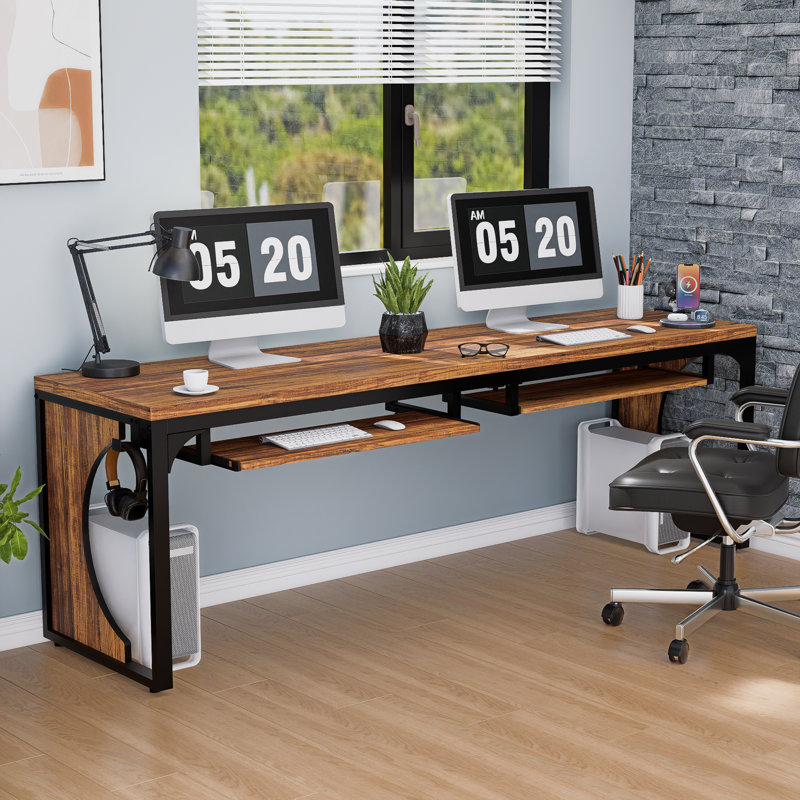 Bureau d'ordinateur extra long 78,7 po avec plateau pour clavier, poste de travail double pour jouer, écrire et étudier, plateau en bois brun rustique avec pieds en métal