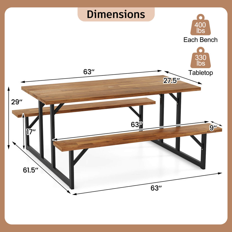 Table de pique-nique en bois d'acacia pour 6 personnes avec 2 bancs de parasol intégrés et structure en métal