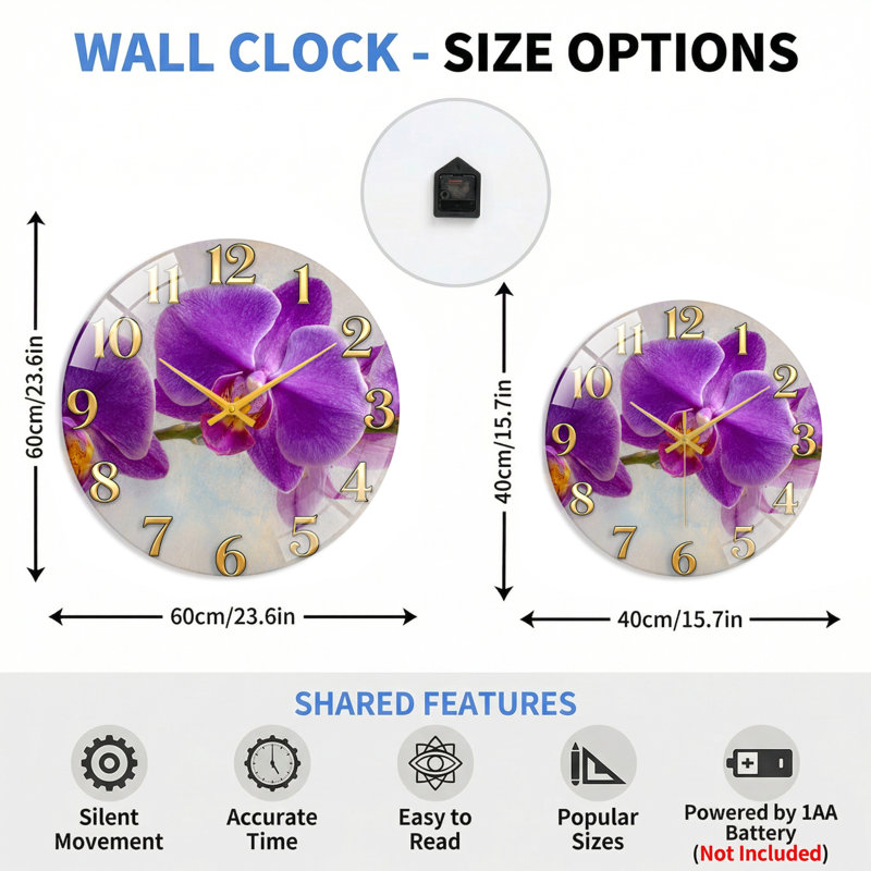 Horloge murale mauve mauve en verre, 40 x 40 cm (15,7 x 15,7 pouces)