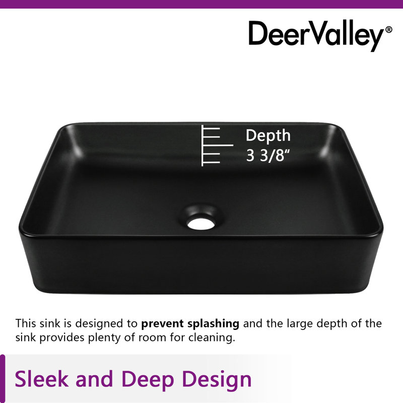 DeerValley 505mm x 340mm Ceramic Rectangular Countertop Basin Bathroom Sink, Matte Black