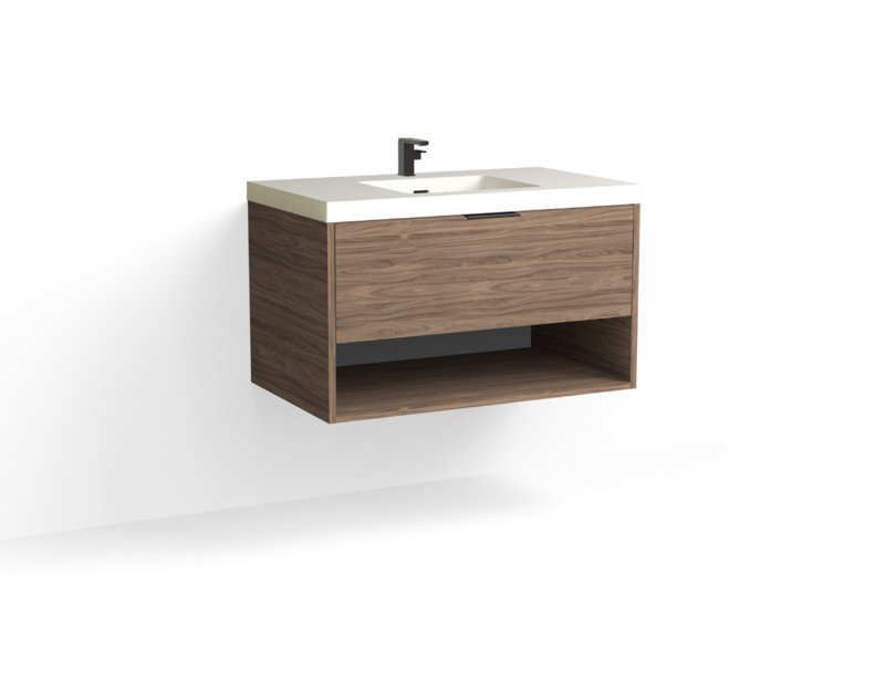 Modo 36" W Wall Mounted Single Bathroom Vanity, Glossy White/Single, Nocino, Polished Nickel