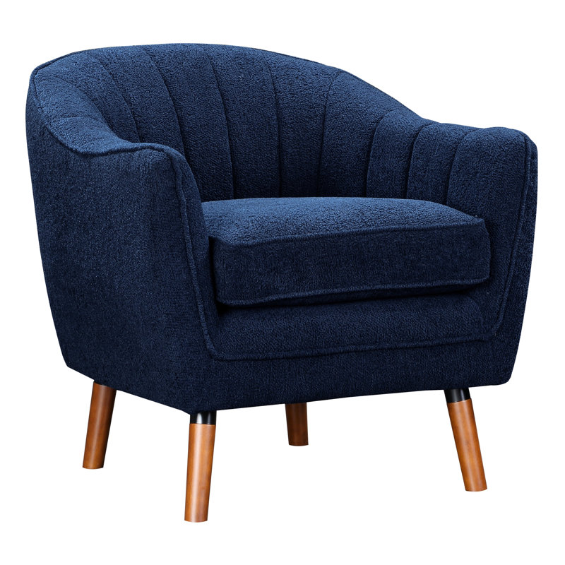Chaise d'appoint de style Mid-Century moderne bleu, revêtement en tissu texturé, structure en bois massif, dossier à coutures latérales, pieds bruns, siège de 20,5 po de largeur de siège, tissu chenille, fabrication, ensemble de 26,5 po