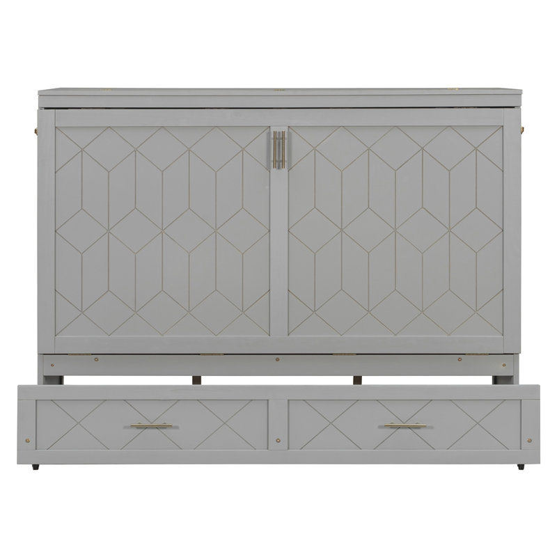 Grand lit escamotable mural avec tiroir et un ensemble de prises et de ports USB, Gris