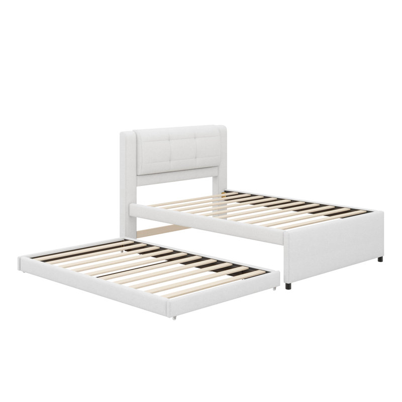 Lit plateforme simple tapissier avec lit gigogne, canapé-lit enveloppé de lin, soutenu par des lattes en bois