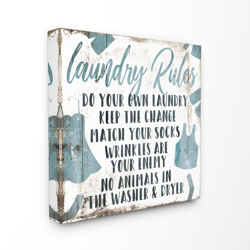 «Laundry Rules Bathroom Wood Textured Word Design», impression sur toile, Toile tendue, H 17 po x l 17 po x P 1,5 po
