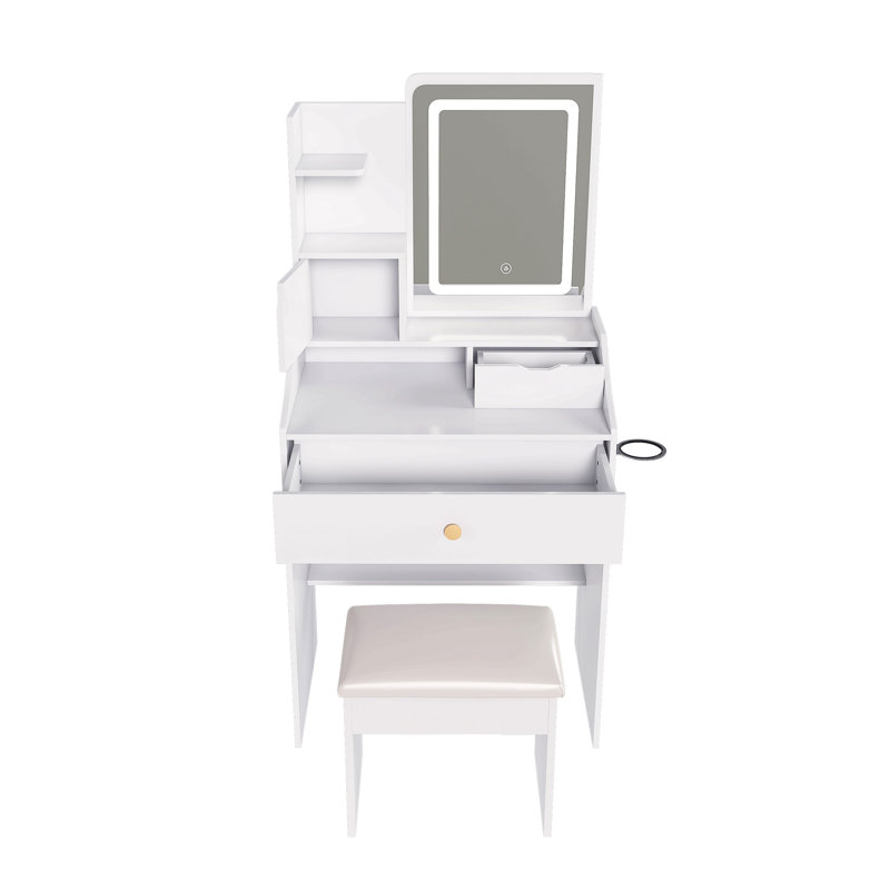 3-Color Led Vanity Mirror With Stool, Dressing Table For Bedroom, 2 Drawers & 5 Storage Cabinets (4 Open + 1 Hidden), Adjustable Lighting
