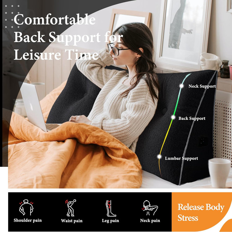 Soft Triangular Bed Backrest Headboard Wedge Reading Pillow, Dark Gray, Solid Color, 20"H x 76"W